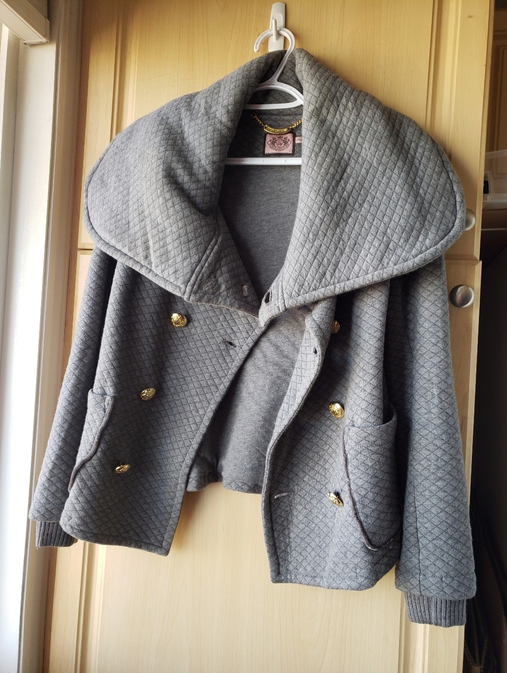 Juicy Couture Quilted Gray Double-Breasted Coat with Gold Buttons